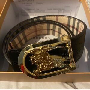 Burberry Black Leather & Beige Check Belt with Gold Heraldic Buckle
